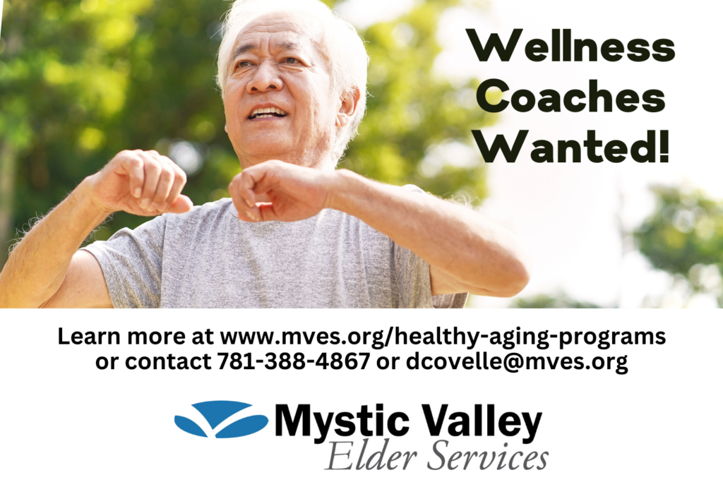 older adult male stretching outdoors with wording asking for wellness class volunteers