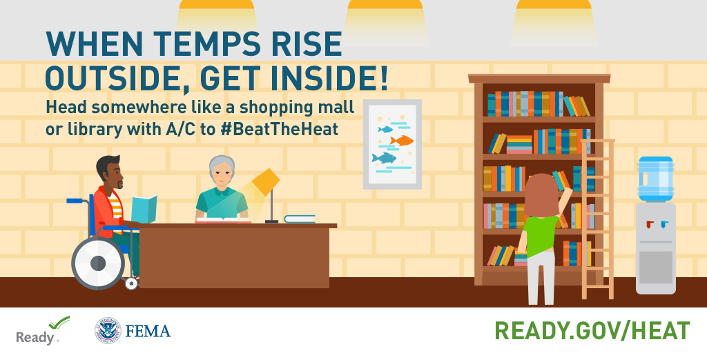 brightly colored graphic showing people in a library, with the words "When the temps rise outside, get inside" and suggesting people visit a mall or library to beat the heat