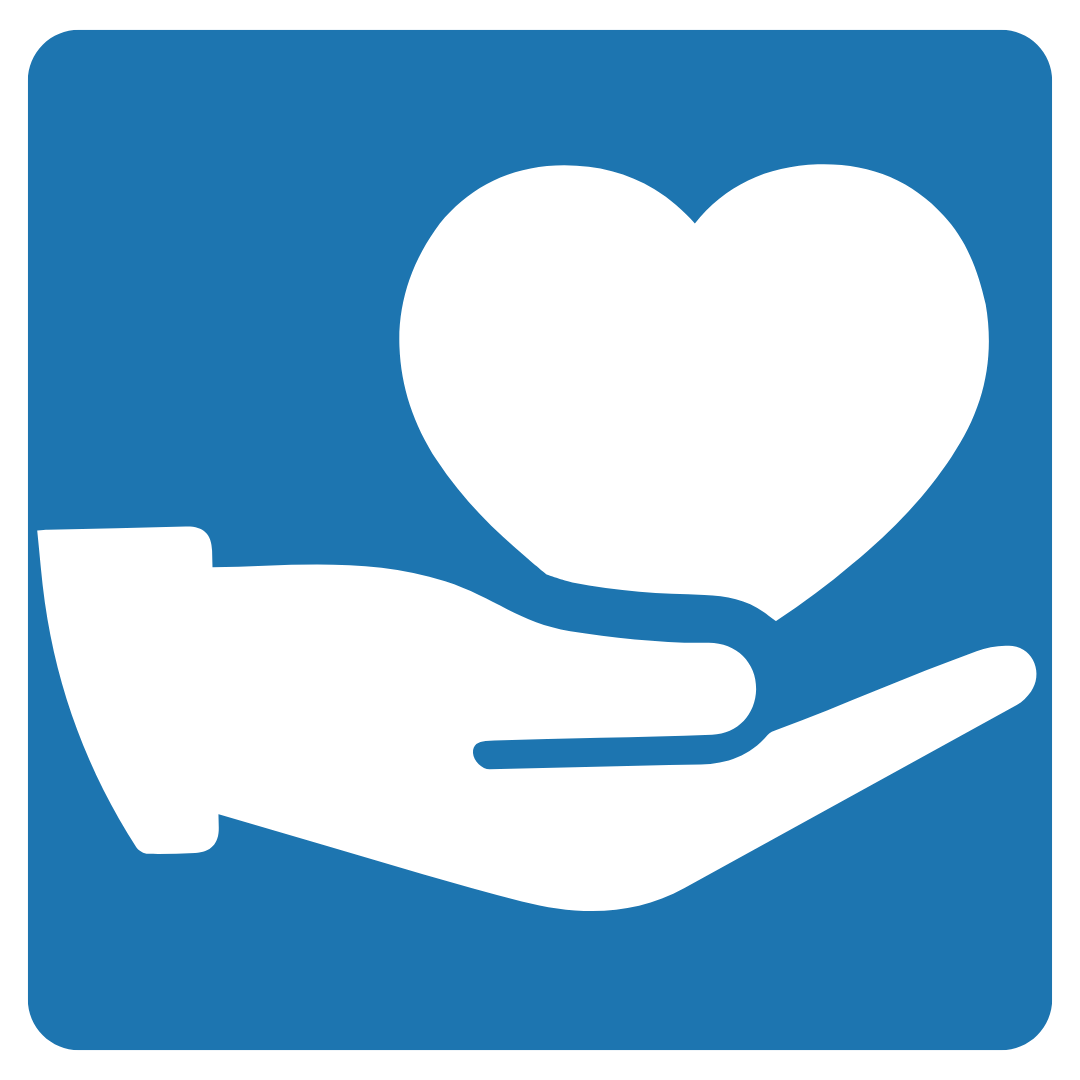 blue icon with white hand reaching out and receiving a whit heart symbol