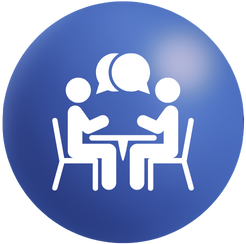 Round blue icon. White pictogram figures in forefront, 2 people talking at a table with speech bubbles