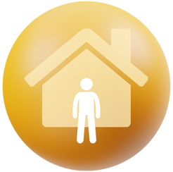 orange 3D circle background. forefront shows a white human pictogram in front of a pale-orange house.