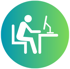 Round icon. Background is a gradient of blue to green colors. forefront is a pictogram of a person seated at a desk working on a computer.