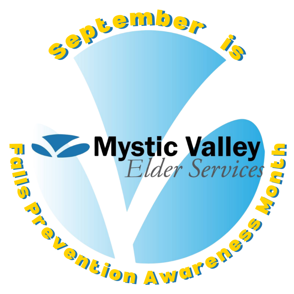 MVES logo in a circle, around the circle are the words September is Falls Prevention Awareness Month, in yellow, which is the color for falls prevention