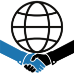 An internet globe icon is at the top, center. Below are arms extended from the left and right side, with clasped hands. One arm is blue, the other black.