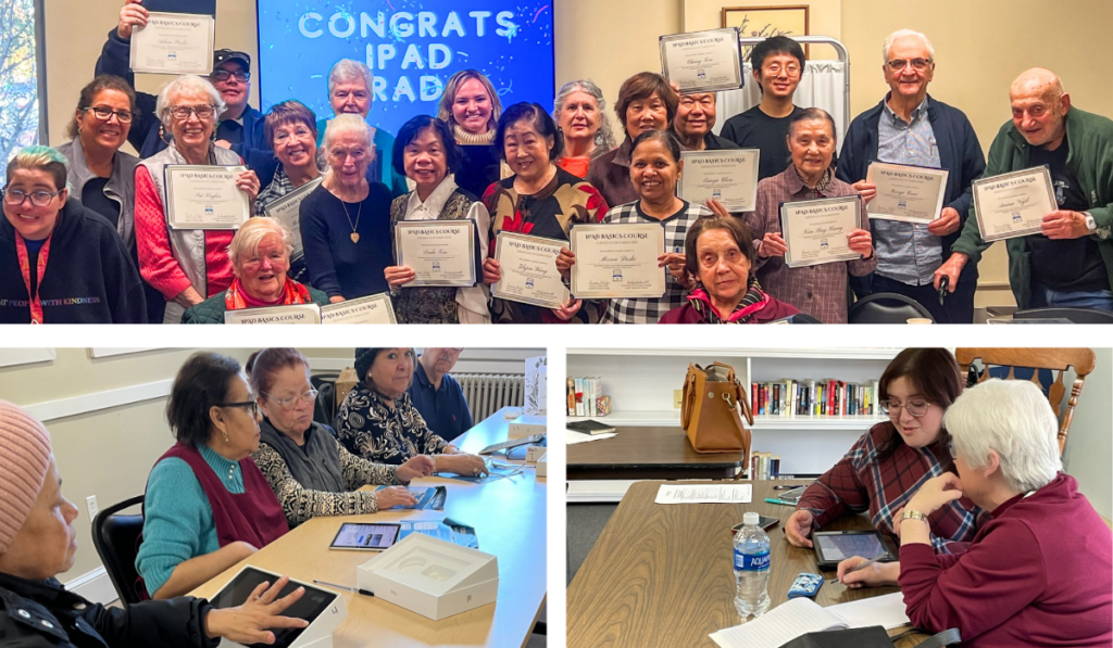 Photo collage with 3 images. Top: Graduates of iPad Class smile and display their certificates at Medford Senior Center, with TAP staff and volunteers in the group. Bottom left: Students in Chelsea iPad Class, seated at table, try out their devices during instruction. Bottom right: Seated at table, a TAP staff member assists an older adult during a Tech Cafe.