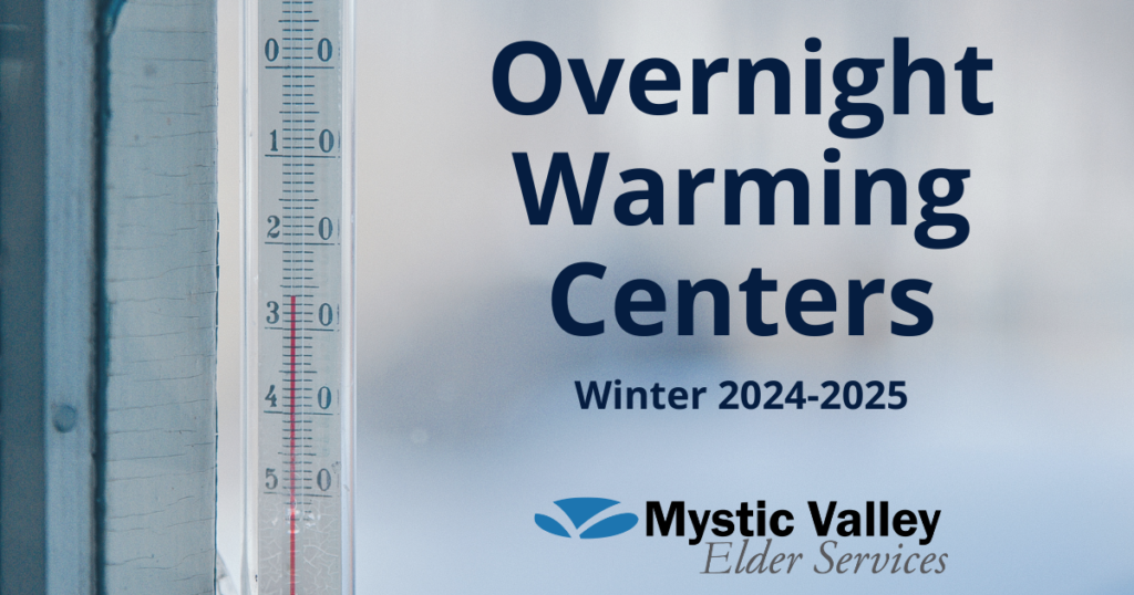 Thermometer showing temperature below zero, next to it is a blurred outdoor background with the words "Overnight Warming Centers" and below that "Winter 2024-2025." At the bottom, smaller, is the MVES logo.