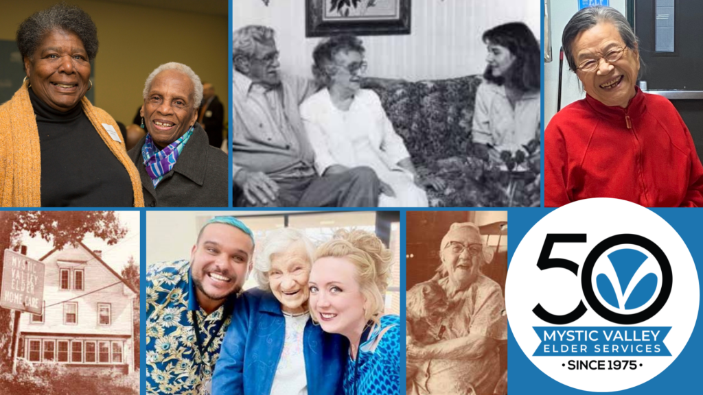 Collage of 6 current and old, black-and-white photos of MVES staff, volunteers and people receiving services. With 50th anniversary logo in the bottom right corner.