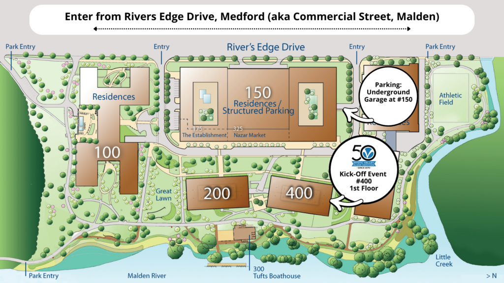 Illustrated map of Rivers Edge grounds, marking #400 as MVES Kick-Off site and #150 as underground garage parking