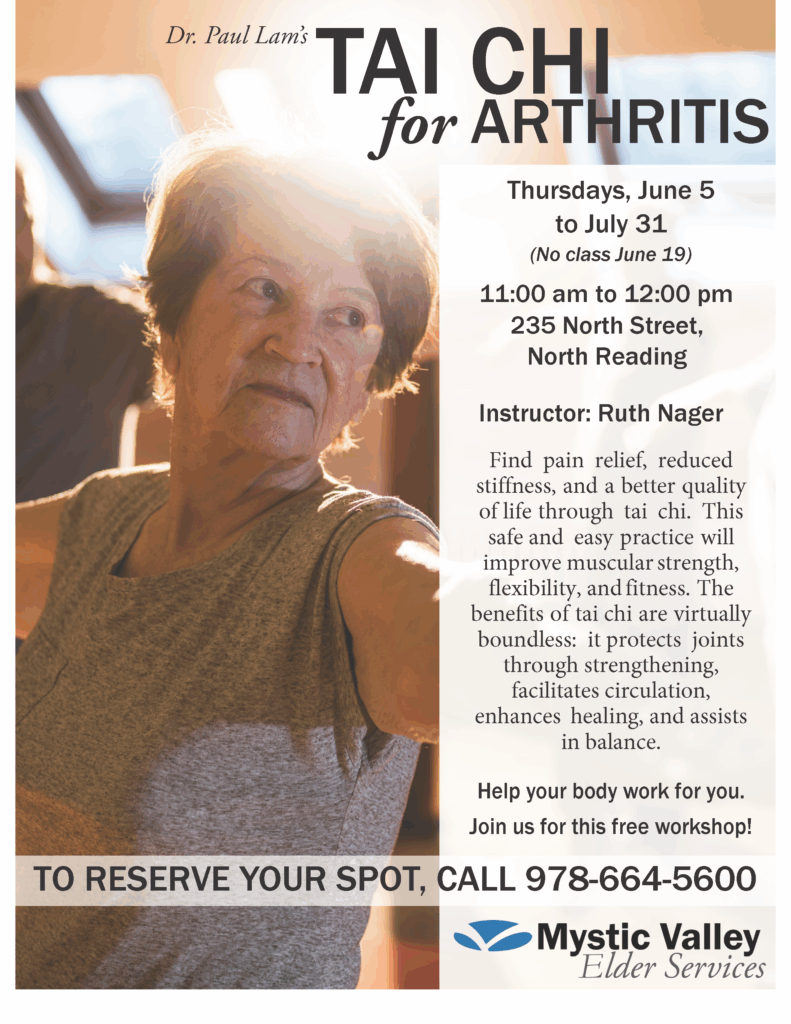 Left side of image shows an older adult female with short brown hair, wearing grey activewear. Bright sun emerges from a roof window behind her. The right side of the image describes details of the program.