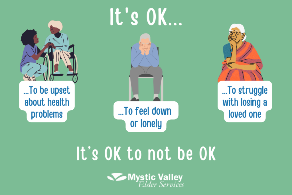 Text at top “It’s OK…” and bottom “It’s OK to not be OK.” With 3 illustrations of older adults. One says, To be upset about health problems. One says, To feel down or lonely. One says, To struggle with losing a loved one.