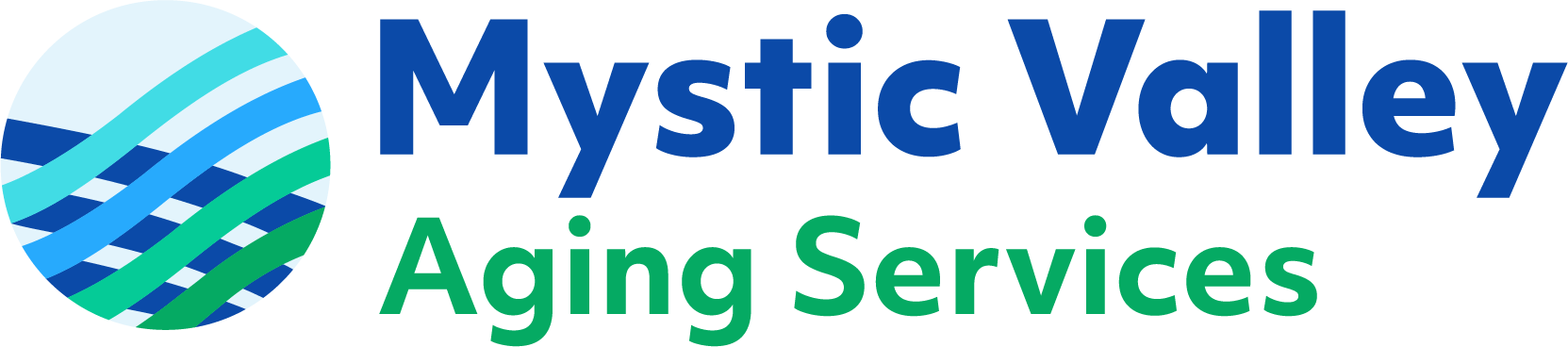 MVAS-Logo-RGB-no-tag New logo says Mystic Valley Aging Services. To the left of the name is a circle containing a series of slightly wavy blue and green lines woven together.