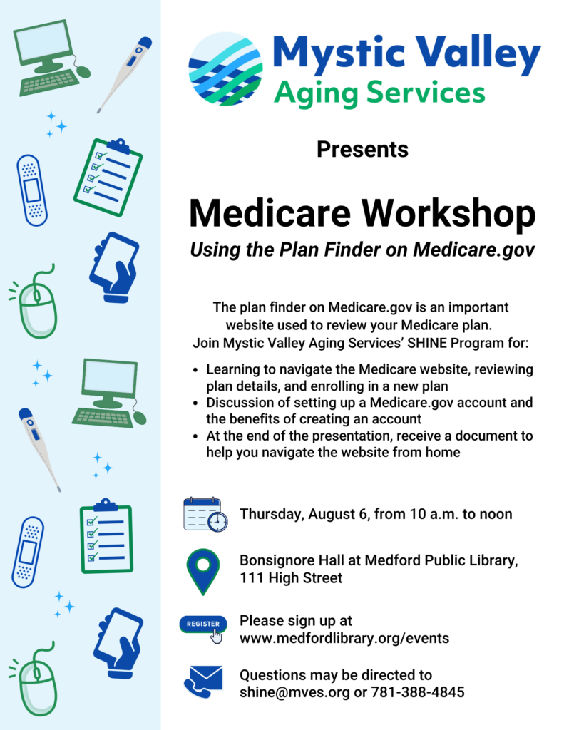 Flyer for Medicare workshop hosted at Medford library by Mystic Valley Aging Services